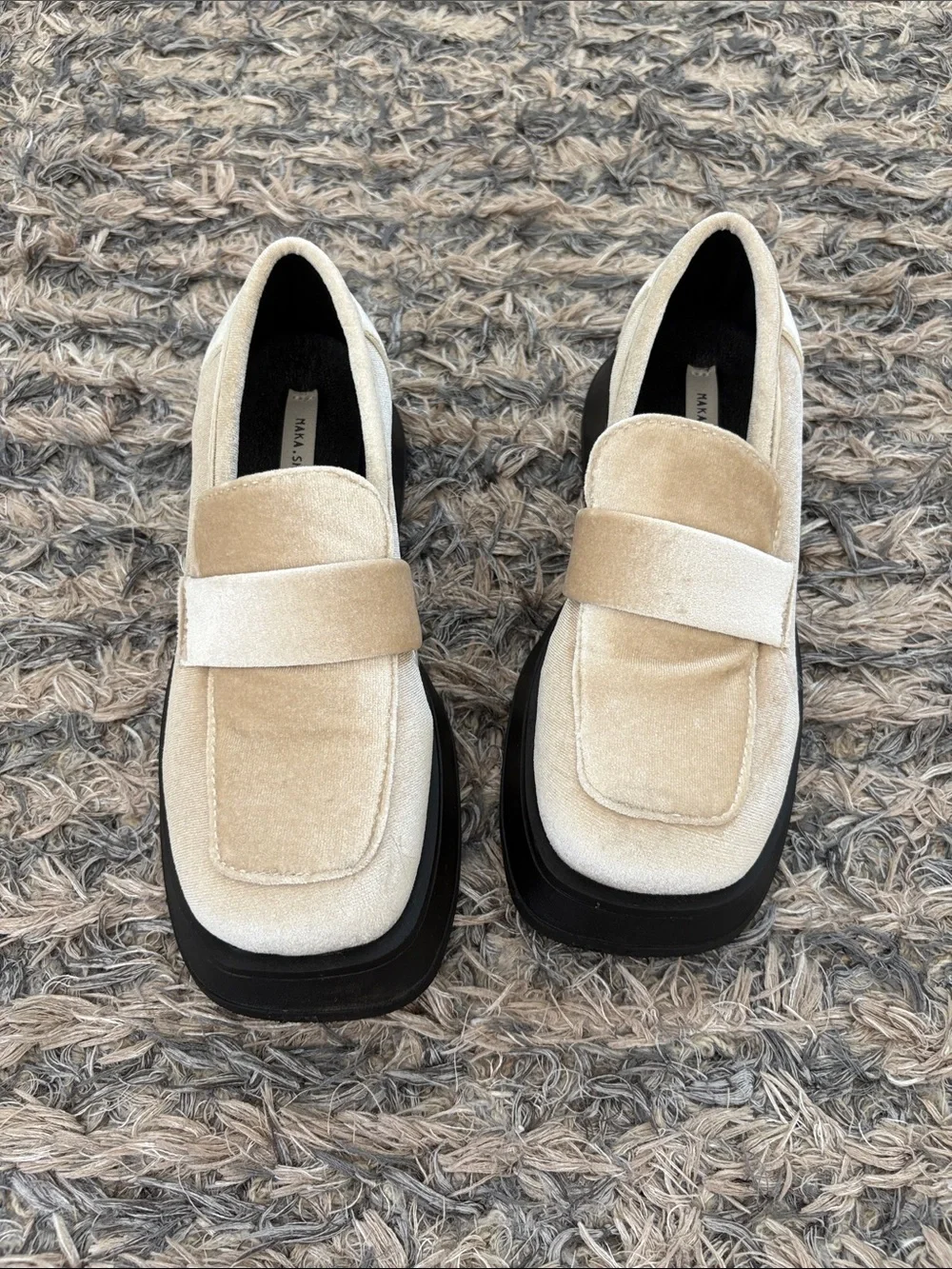 Velvet Slip-On Loafers in Cream with Subtle Platform Black Sole Size 36